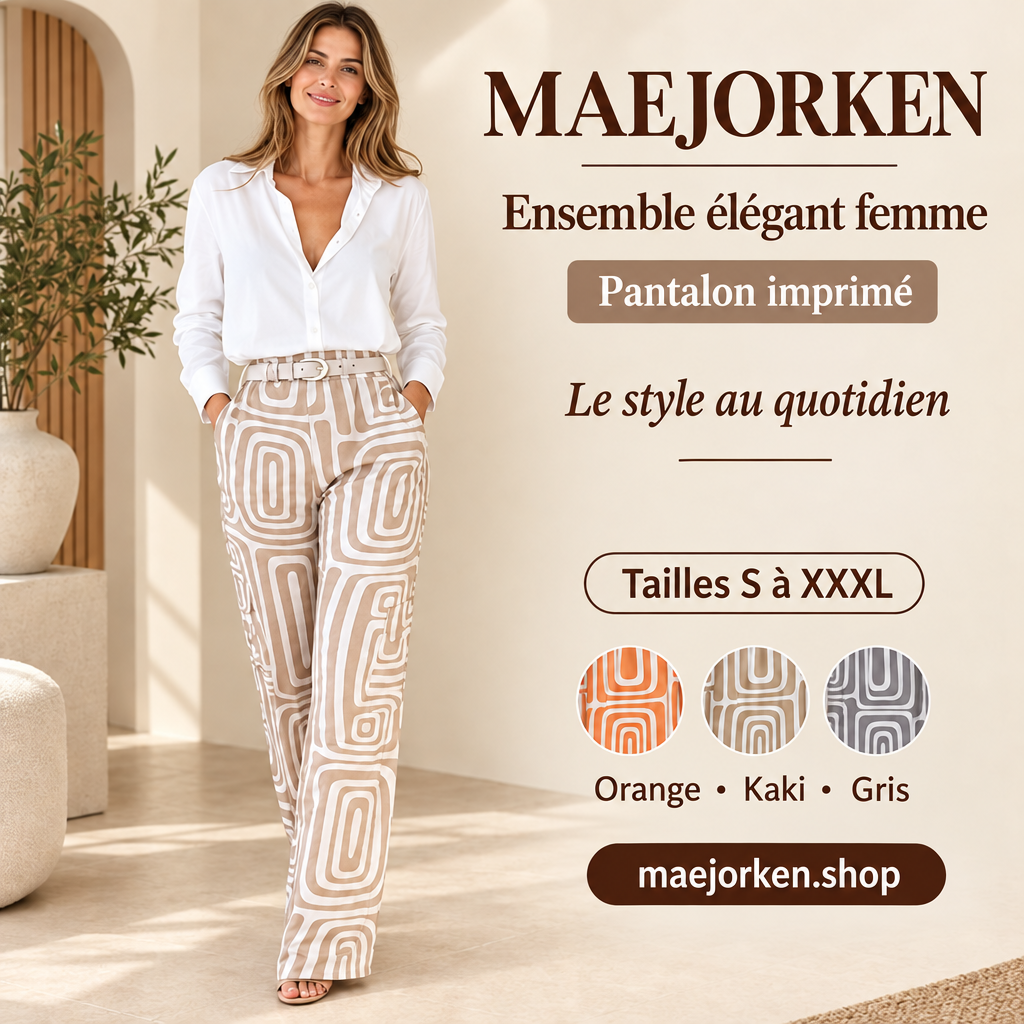 Affiche MAEJORKEN ensemble élégant femme avec pantalon imprimé et mannequin, coloris orange kaki gris, tailles S à XXXL, sans prix ni promotion.