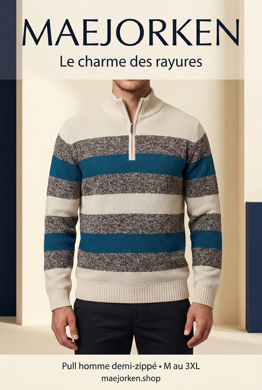 Affiche MAEJORKEN sans prix, pull rayé crème et bleu pétrole sur mannequin virtuel
