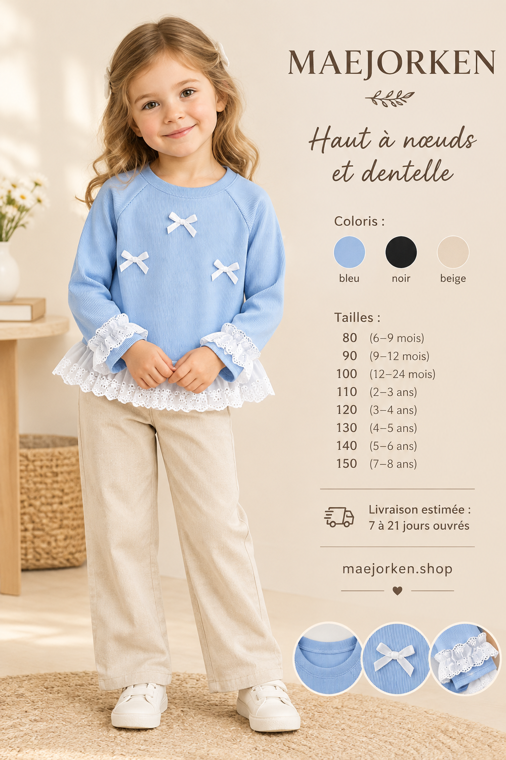 Haut bleu ciel à manches longues, nœuds blancs et dentelle porté par une enfant, huit tailles de 6 mois à 8 ans, trois coloris.