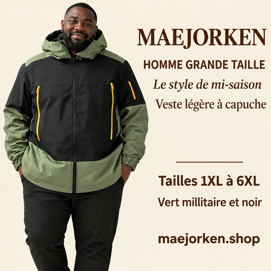 Mannequin homme grande taille portant la veste à capuche vert militaire et noire avec détails jaunes, tailles 1XL à 6XL, affiche sans prix.