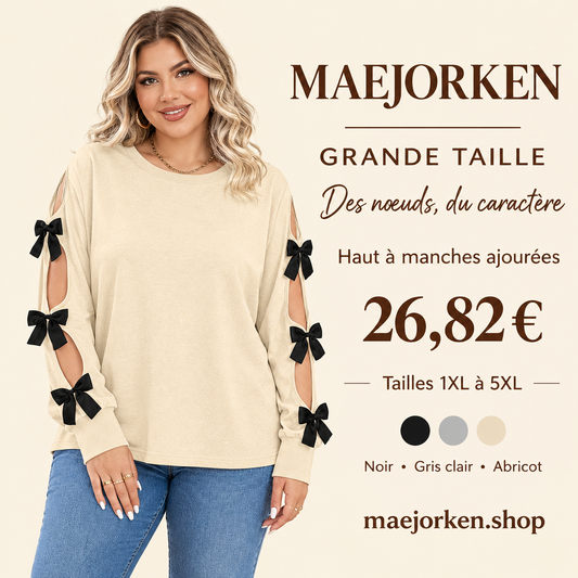 Mannequin portant le haut abricot à manches longues ajourées et nœuds noirs MAEJORKEN, 26,82 €, tailles 1XL à 5XL, trois coloris.