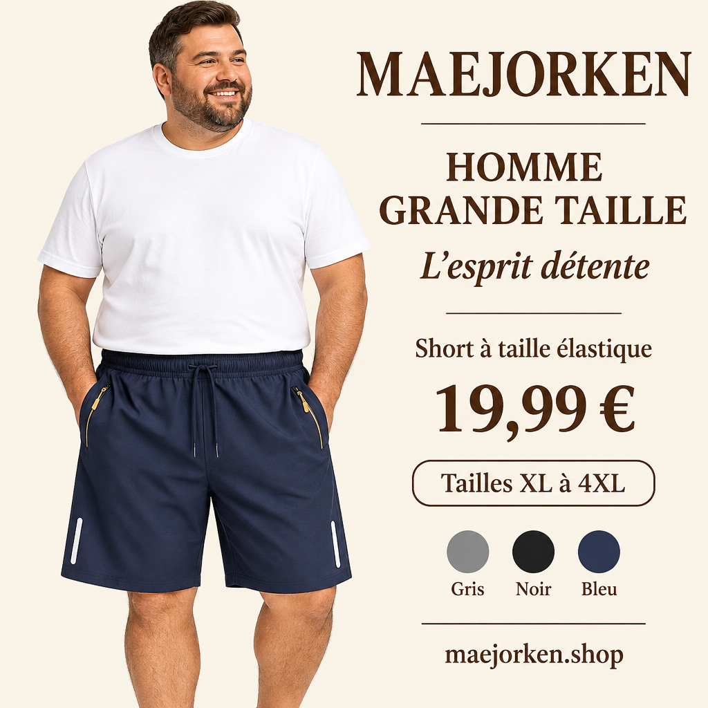 Mannequin homme grande taille portant le short bleu à taille élastique et poches zippées, XL à 4XL, 19,99 €.