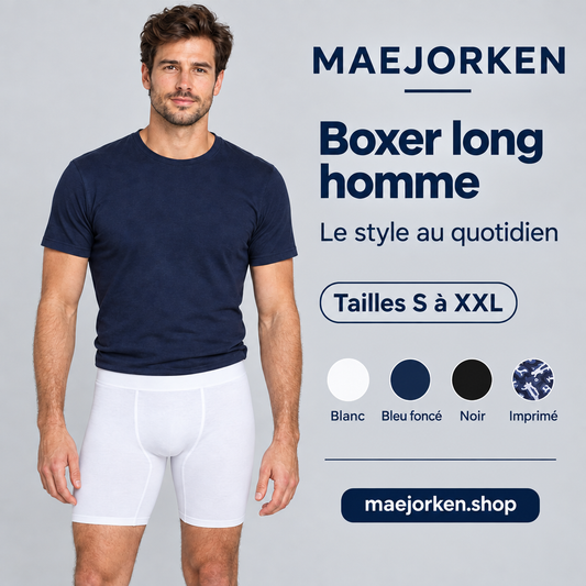 Affiche MAEJORKEN boxer long homme avec mannequin, coloris blanc bleu foncé noir et imprimé, tailles S à XXL, sans prix ni promotion.