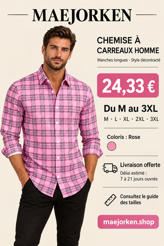 Affiche avec mannequin portant la chemise rose à carreaux, prix 24,33 €, tailles M au 3XL