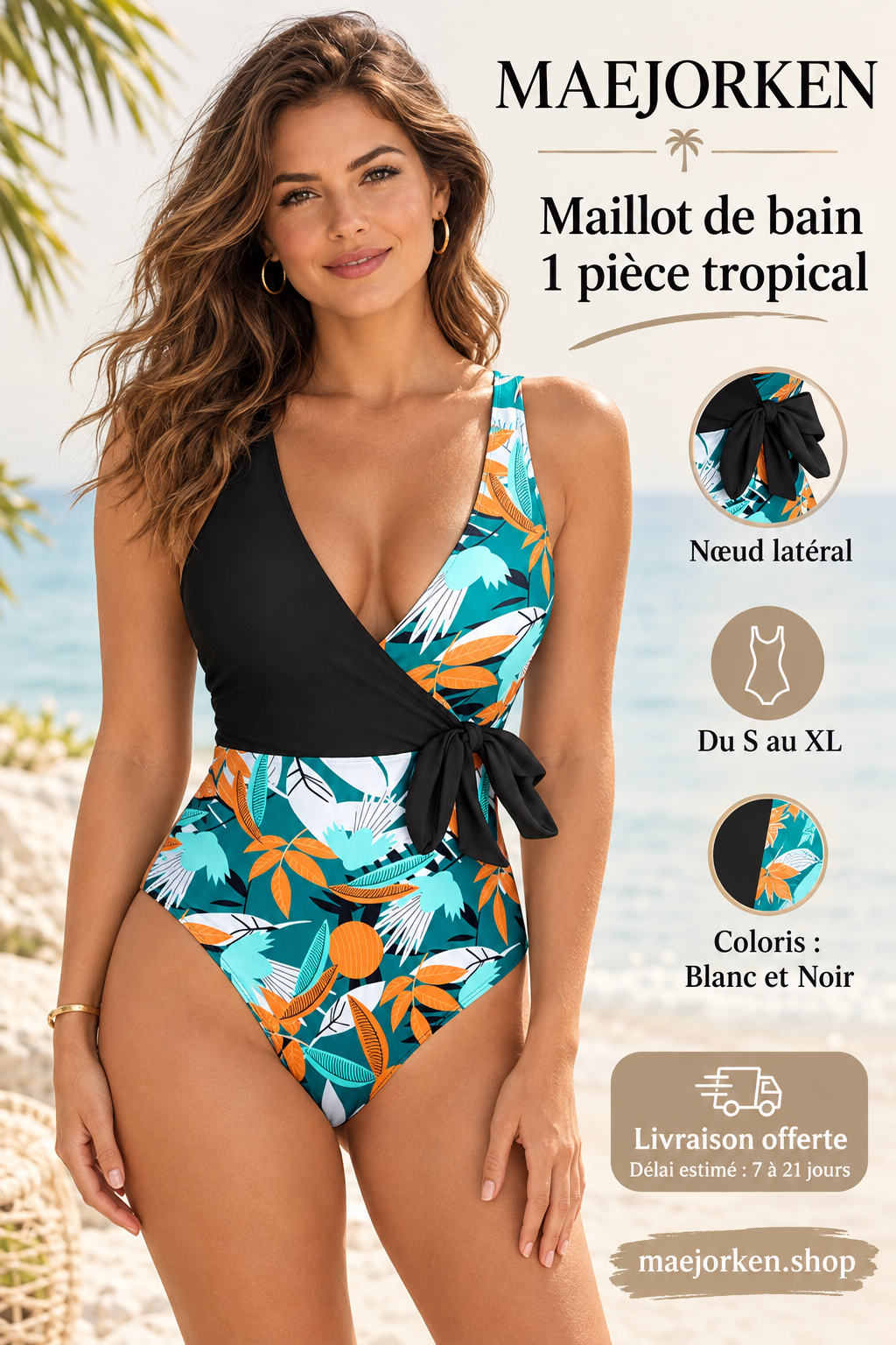 Maillot une pièce tropical à nœud latéral porté par une mannequin adulte, tailles S au XL, livraison estimée de 7 à 21 jours.