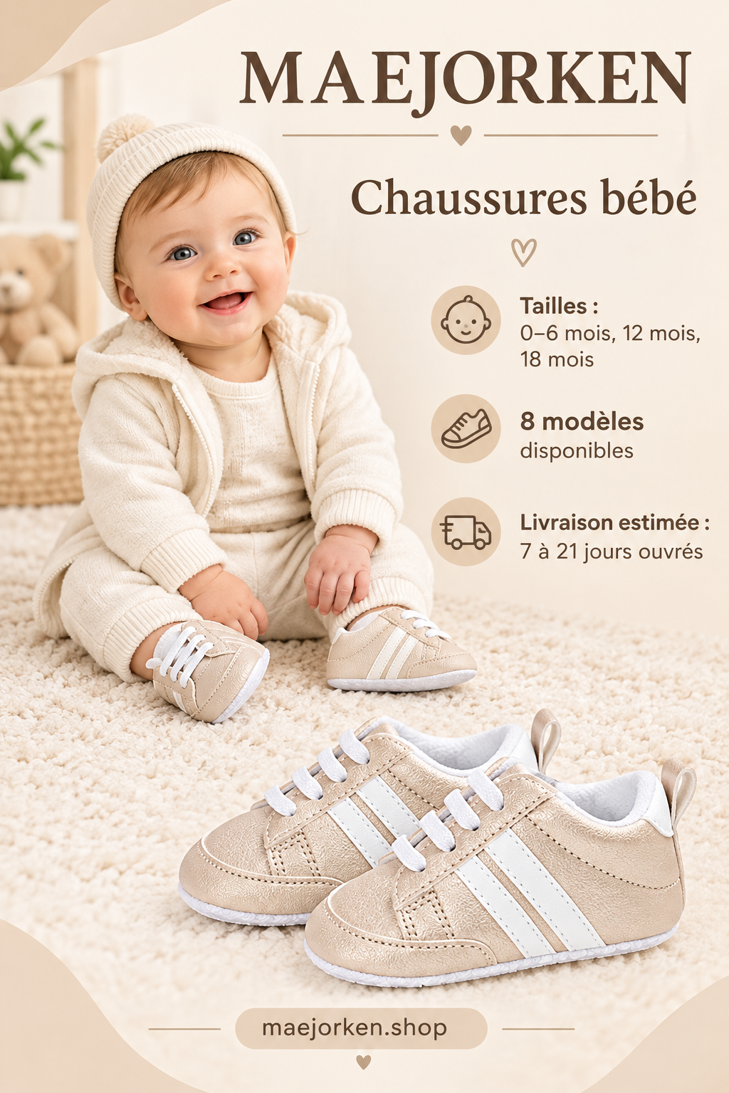 Chaussures bébé beige à bandes blanches portées par un bébé, tailles 0–6 mois, 12 mois et 18 mois, huit modèles, livraison estimée 7 à 21 jours ouvrés.