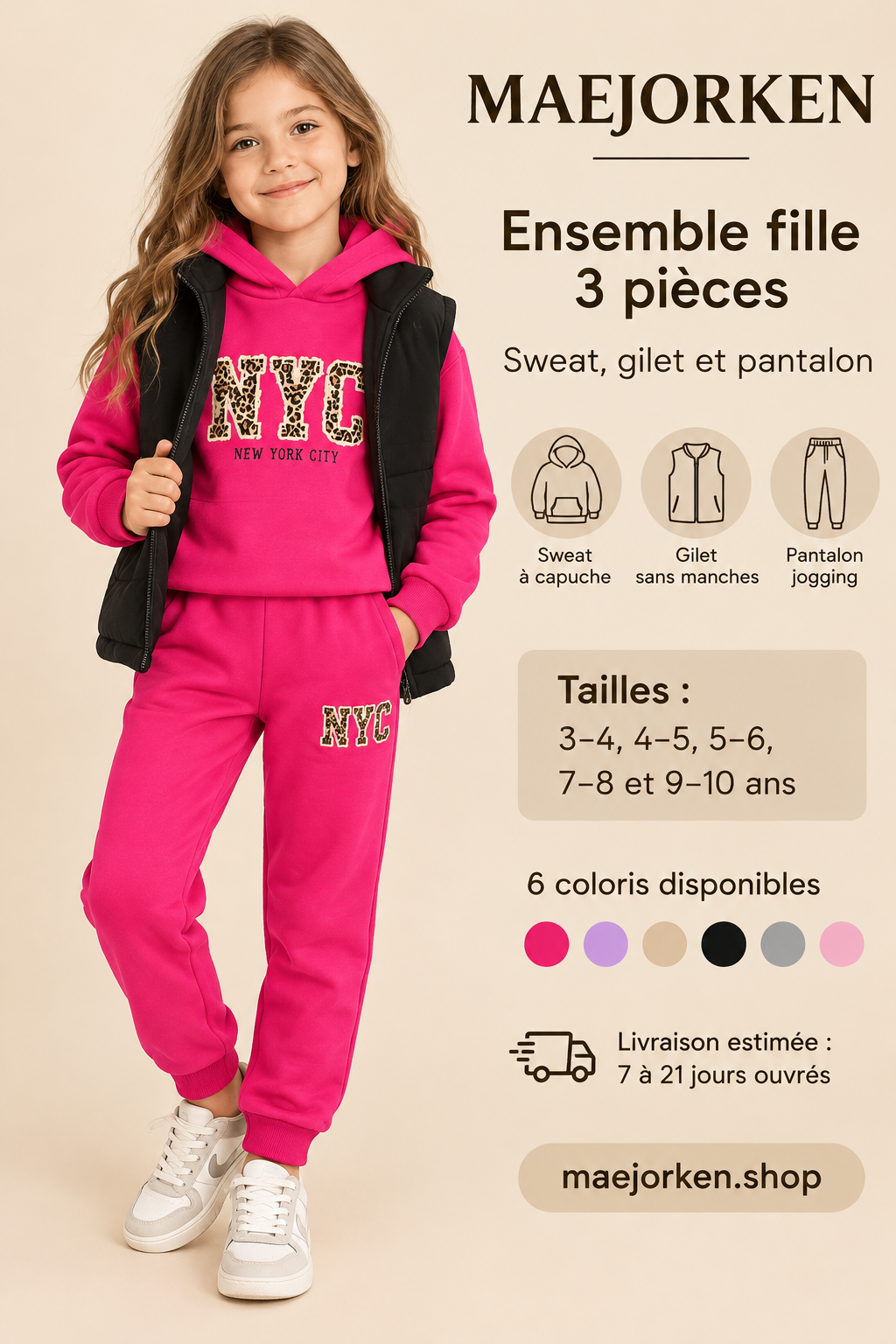 Ensemble fille trois pièces NYC porté par une enfant, sweat et pantalon fuchsia avec gilet noir, tailles 3 à 10 ans, livraison 7 à 21 jours ouvrés.