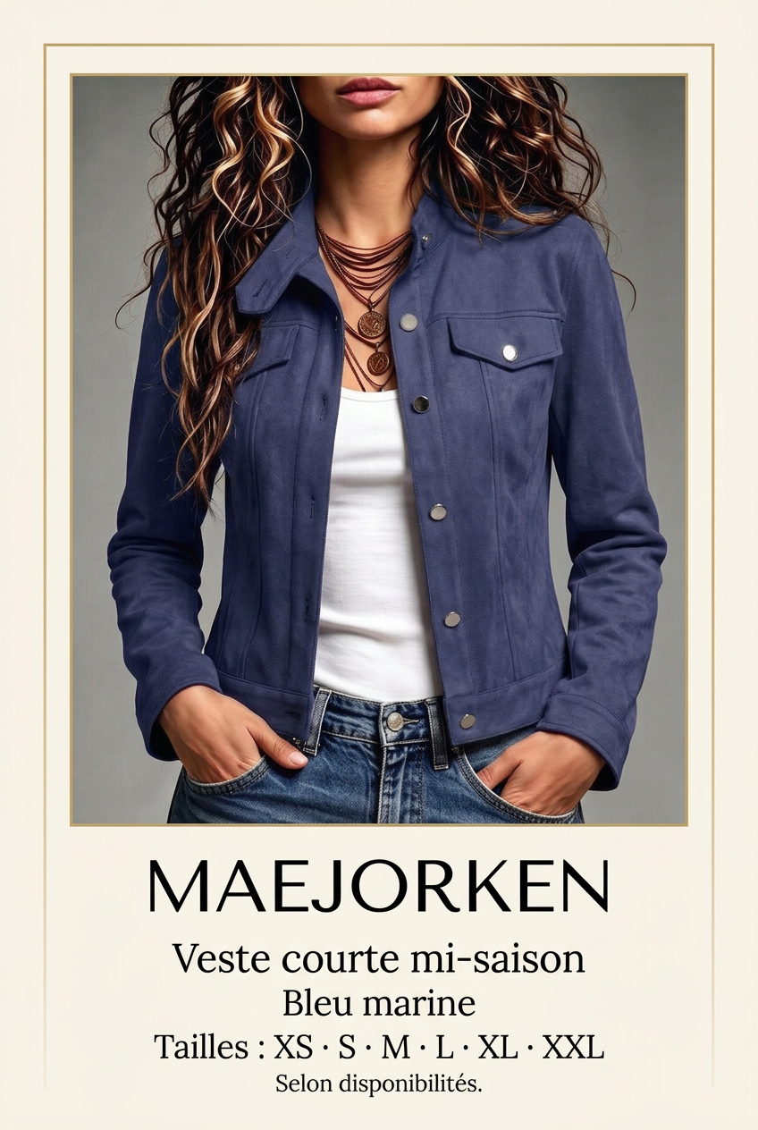 Affiche MAEJORKEN veste bleu marine avec mannequin, tailles XS à XXL