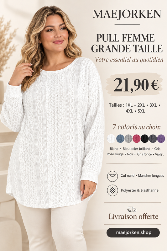 Affiche MAEJORKEN : pull femme blanc à col rond, 21,90 €, tailles 1XL à 5XL et sept coloris.