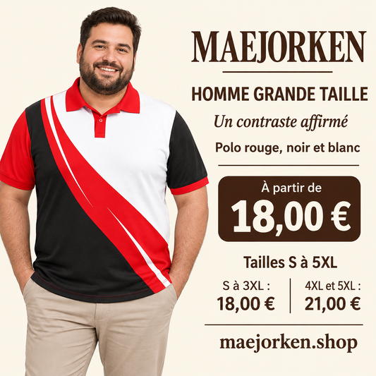 Mannequin homme grande taille portant le polo rouge noir et blanc à motif graphique, S à 5XL, 18 € du S au 3XL et 21 € en 4XL et 5XL.