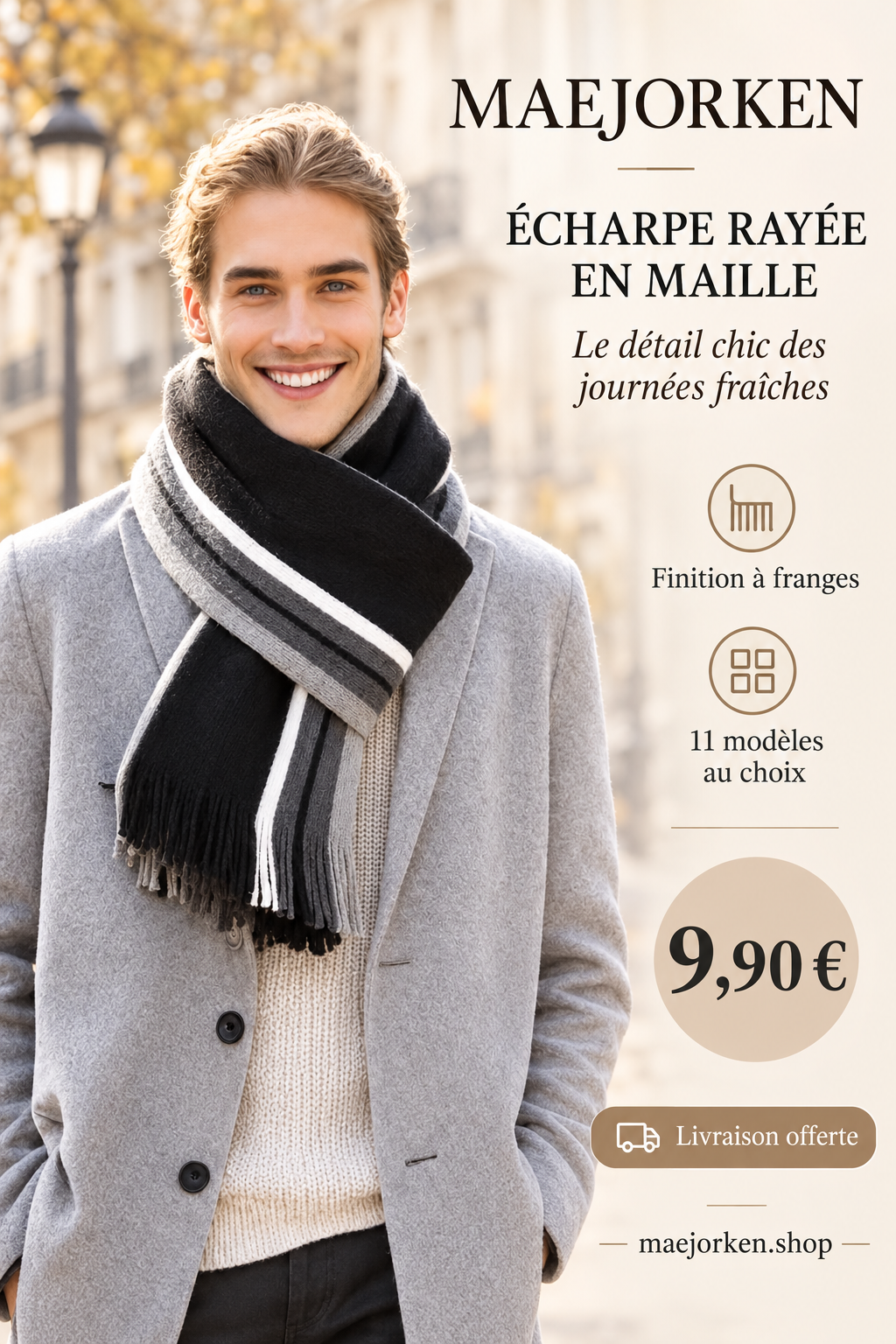 Affiche MAEJORKEN : écharpe rayée en maille à franges à 9,90 €, 11 modèles au choix.