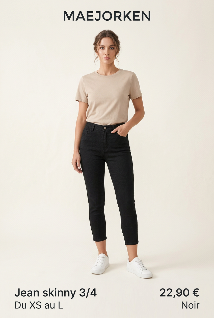 Affiche MAEJORKEN – jean skinny femme noir avec mannequin