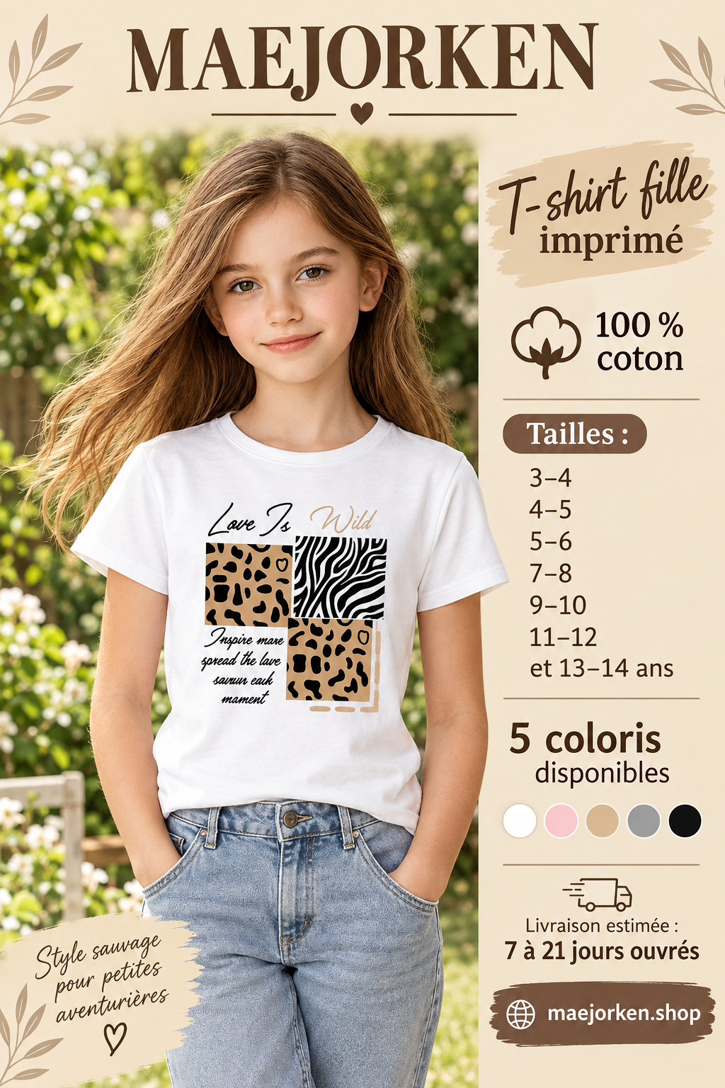 T-shirt blanc fille Love Is Wild à carrés léopard et zèbre porté par une enfant, sept tailles de 3 à 14 ans et cinq coloris.