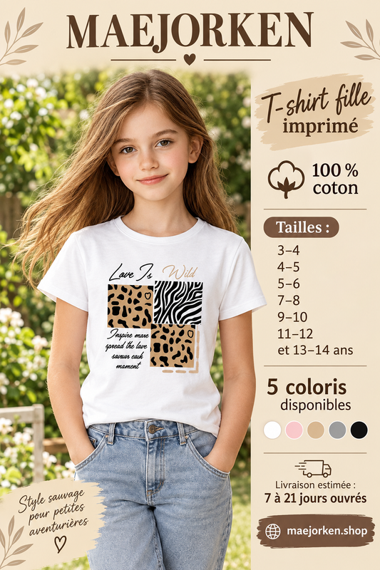 T-shirt blanc fille Love Is Wild à carrés léopard et zèbre porté par une enfant, sept tailles de 3 à 14 ans et cinq coloris.