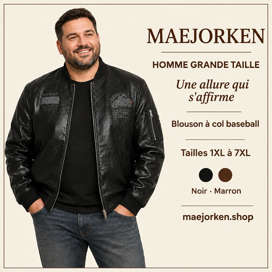 Mannequin homme grande taille portant le blouson noir à col baseball, tailles 1XL à 7XL, coloris noir et marron.