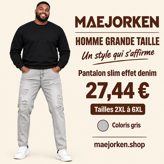 Mannequin homme grande taille en pied portant le pantalon gris effet denim déchiré, du 2XL au 6XL, à 27,44 €.