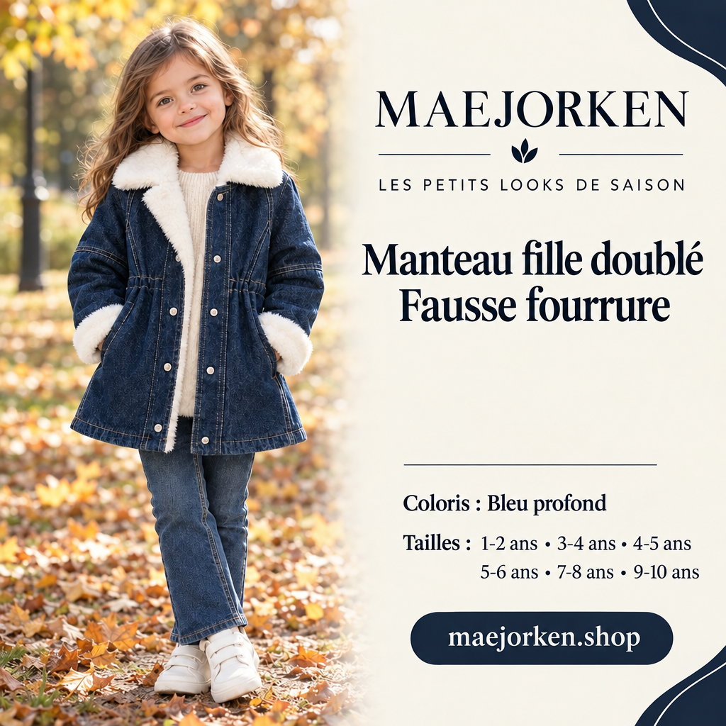 Affiche MAEJORKEN manteau fille bleu profond doublé de fausse fourrure, tailles 1 à 10 ans, sans prix.