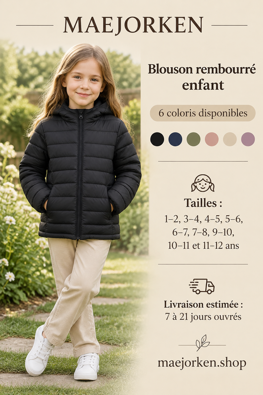 Blouson enfant noir rembourré à capuche porté par une enfant, neuf tailles de 1 à 12 ans et six coloris, livraison 7 à 21 jours ouvrés.