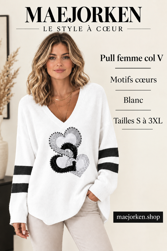 Affiche MAEJORKEN pull femme blanc col V à motifs cœurs avec mannequin, tailles S à 3XL, sans prix ni promotion.