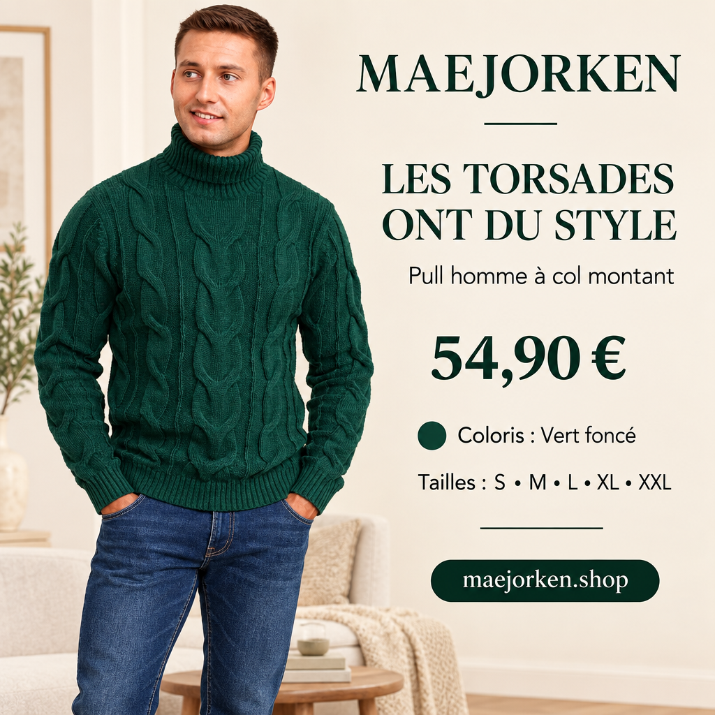 Affiche pull homme vert foncé à grosses torsades et col montant avec mannequin, prix 54,90 € et tailles S à XXL.