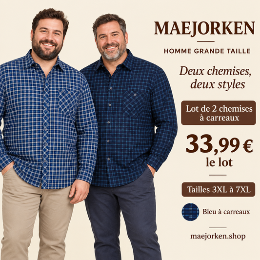 Deux mannequins hommes grande taille portant les chemises à carreaux bleus du lot, 3XL à 7XL, 33,99 € le lot de deux.