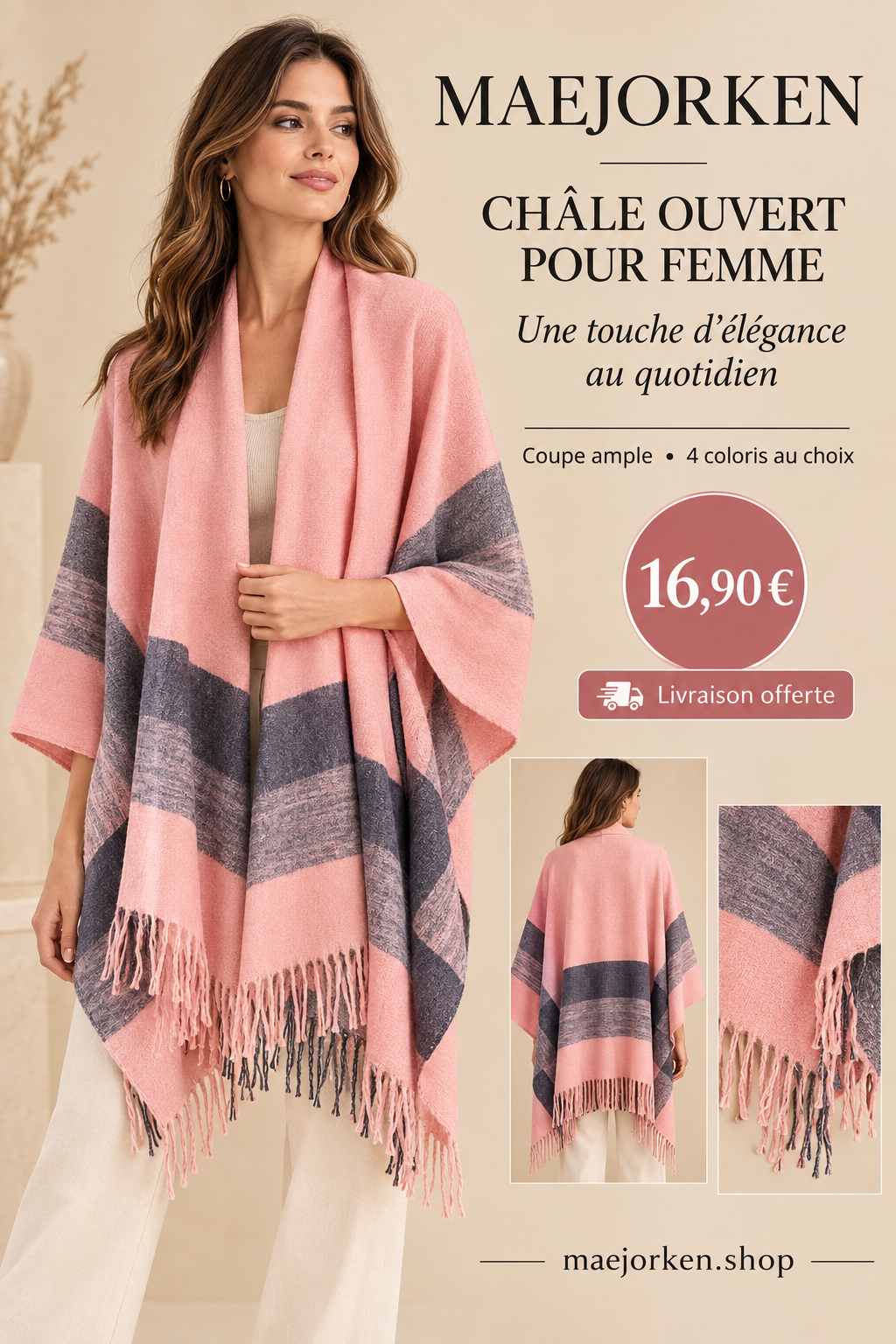 Affiche MAEJORKEN : châle ouvert pour femme à 16,90 €, coupe ample et 4 coloris au choix.