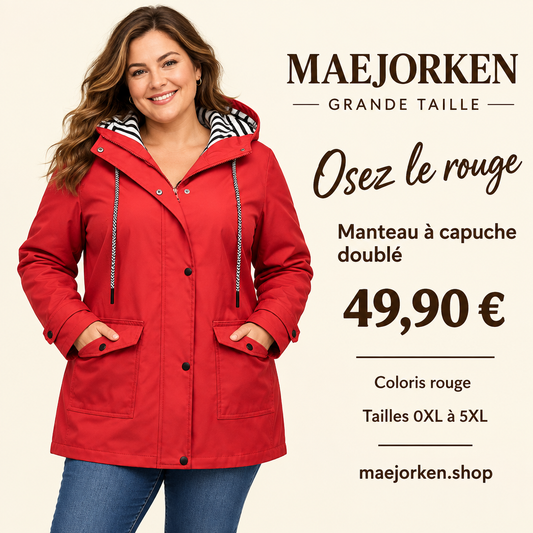 Mannequin portant le manteau rouge à capuche doublé MAEJORKEN grande taille, 49,90 €, tailles 0XL à 5XL.