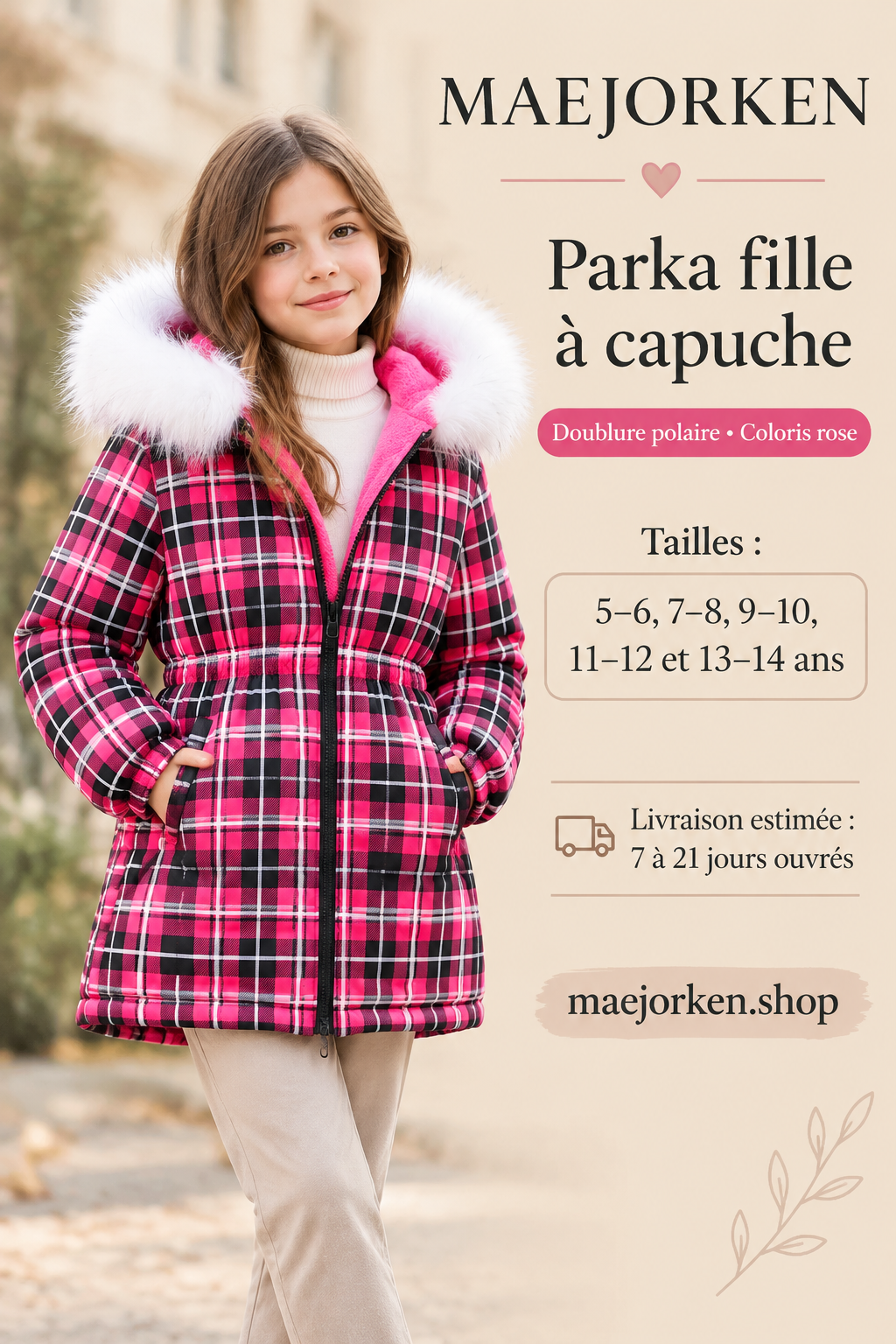 Parka fille rose à carreaux noirs et blancs, capuche bord blanc et doublure polaire rose, portée par une enfant, tailles 5 à 14 ans.
