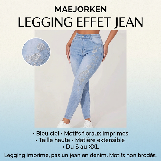 Affiche MAEJORKEN du legging femme bleu ciel effet jean à motifs floraux imprimés, taille haute, du S au XXL.