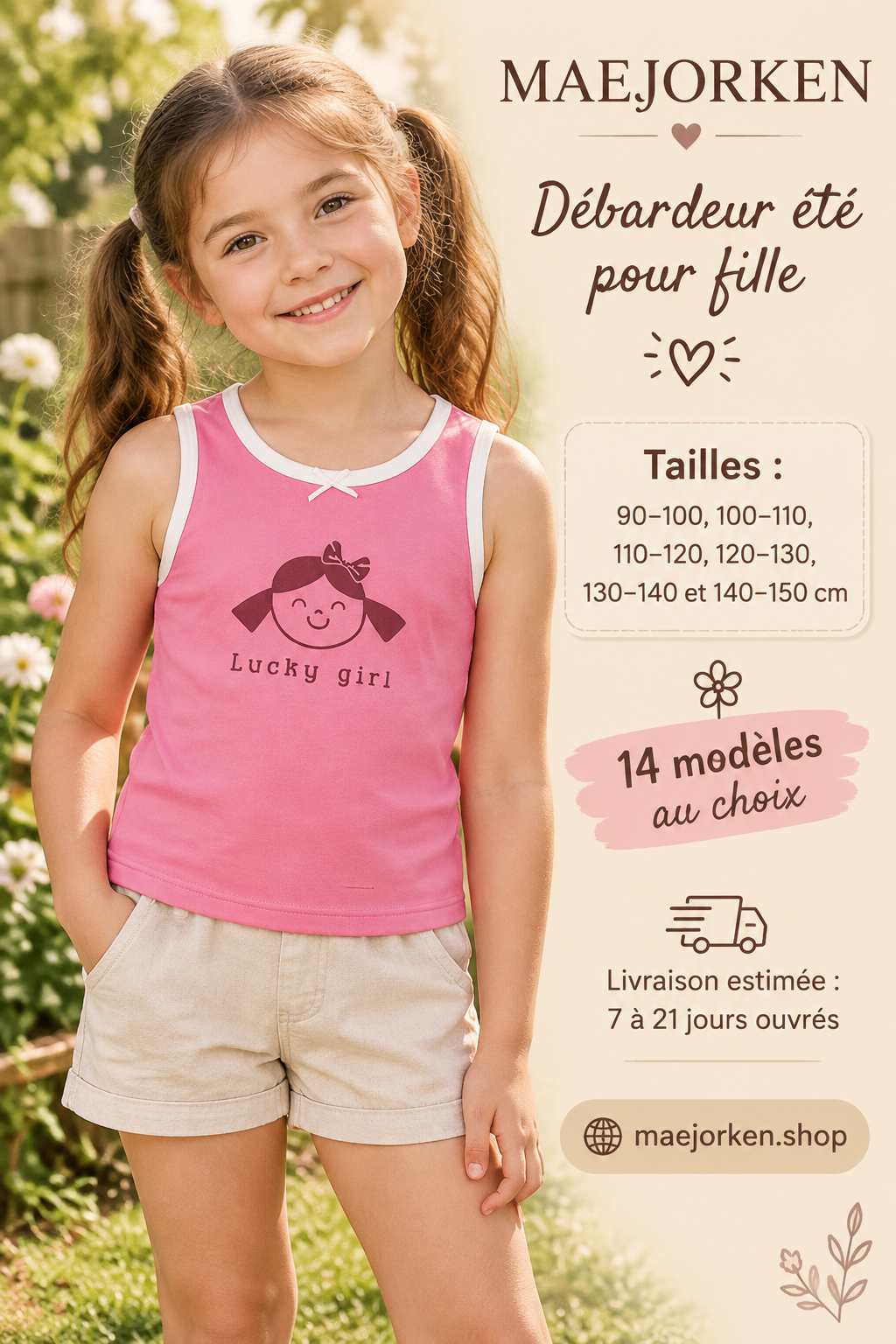 Débardeur rose Lucky girl porté par une enfant, six tailles de 90 à 150 cm, 14 modèles au choix, livraison 7 à 21 jours ouvrés.