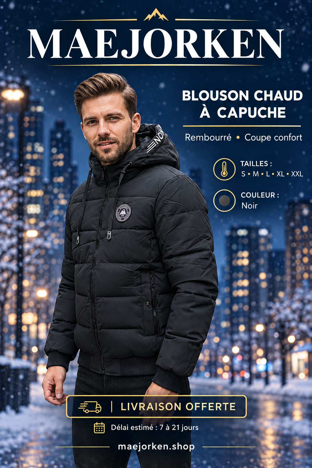 Mannequin portant le blouson noir à capuche, tailles S à XXL, livraison offerte, délai estimé de 7 à 21 jours.