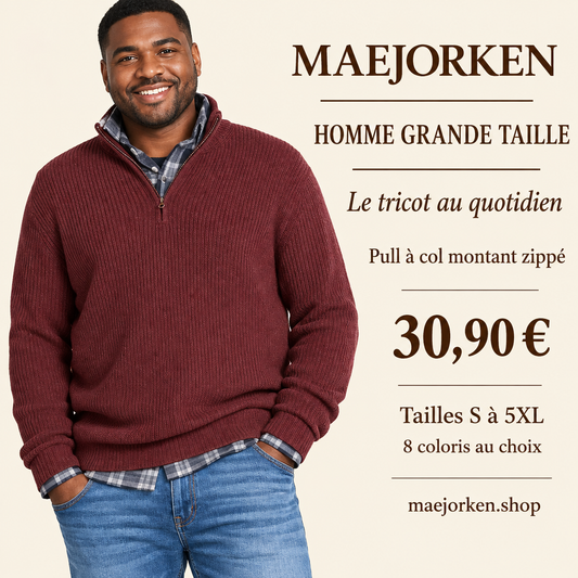 Mannequin homme grande taille portant le pull en tricot à col montant demi-zippé, S à 5XL, 30,90 €, huit coloris.