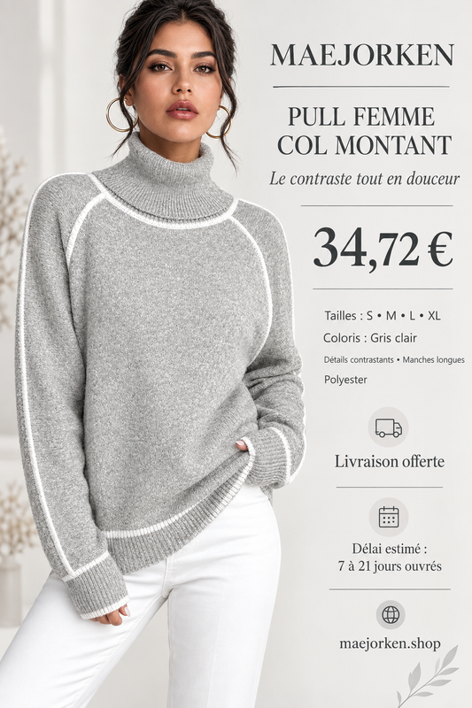 Affiche MAEJORKEN : pull femme à col montant gris clair à 34,72 €, tailles S à XL, détails blancs contrastants.