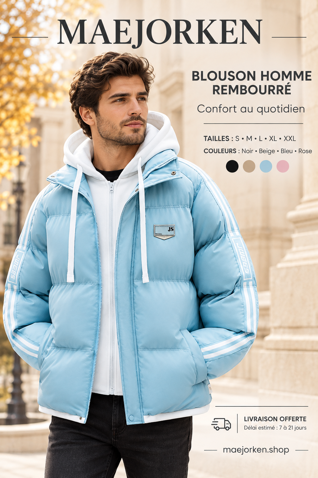 Mannequin portant le blouson bleu clair sur fond urbain beige, tailles S à XXL, coloris noir, beige, bleu et rose, livraison offerte, délai estimé de 7 à 21 jours.