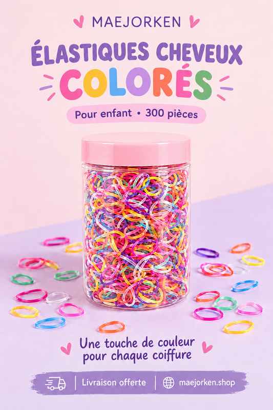 Affiche MAEJORKEN élastiques cheveux colorés enfant 300 pièces sans prix.