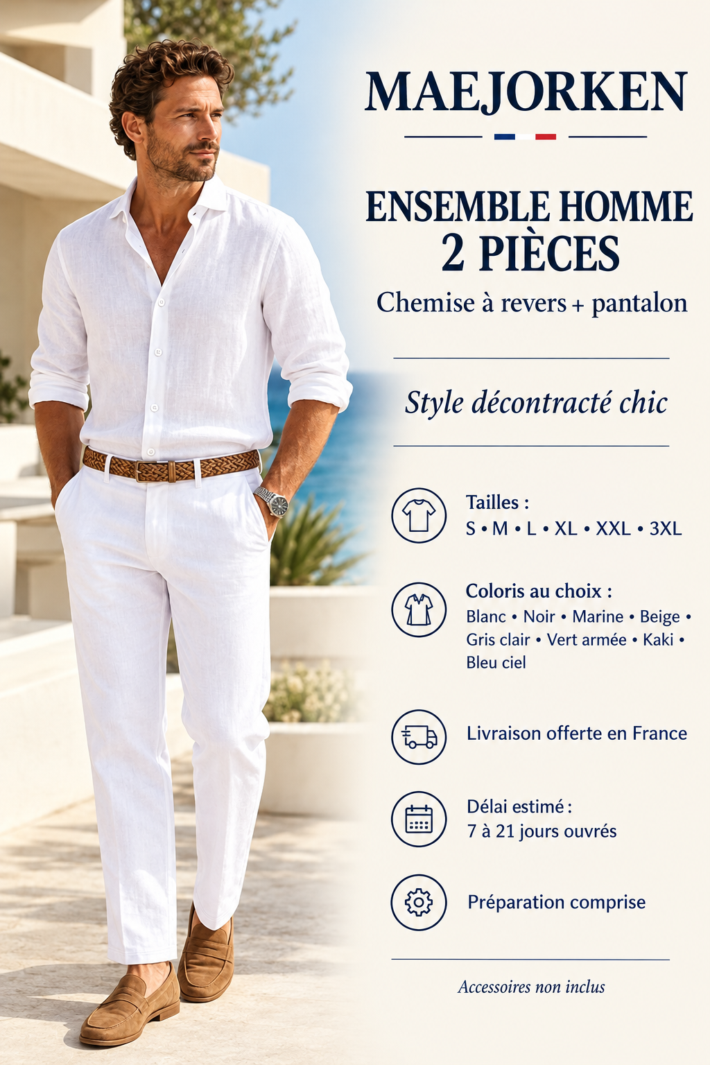 Ensemble homme chemise à revers et pantalon, tailles S à 3XL, huit coloris, livraison offerte en France, délai estimé de 7 à 21 jours ouvrés préparation comprise, accessoires non inclus.