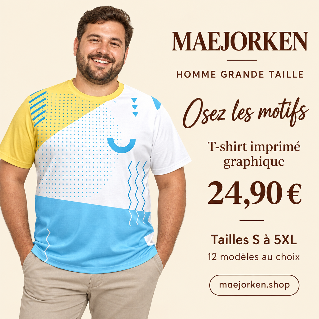Mannequin homme grande taille portant un T-shirt graphique jaune blanc et bleu ciel, S à 5XL, 24,90 €, douze modèles.