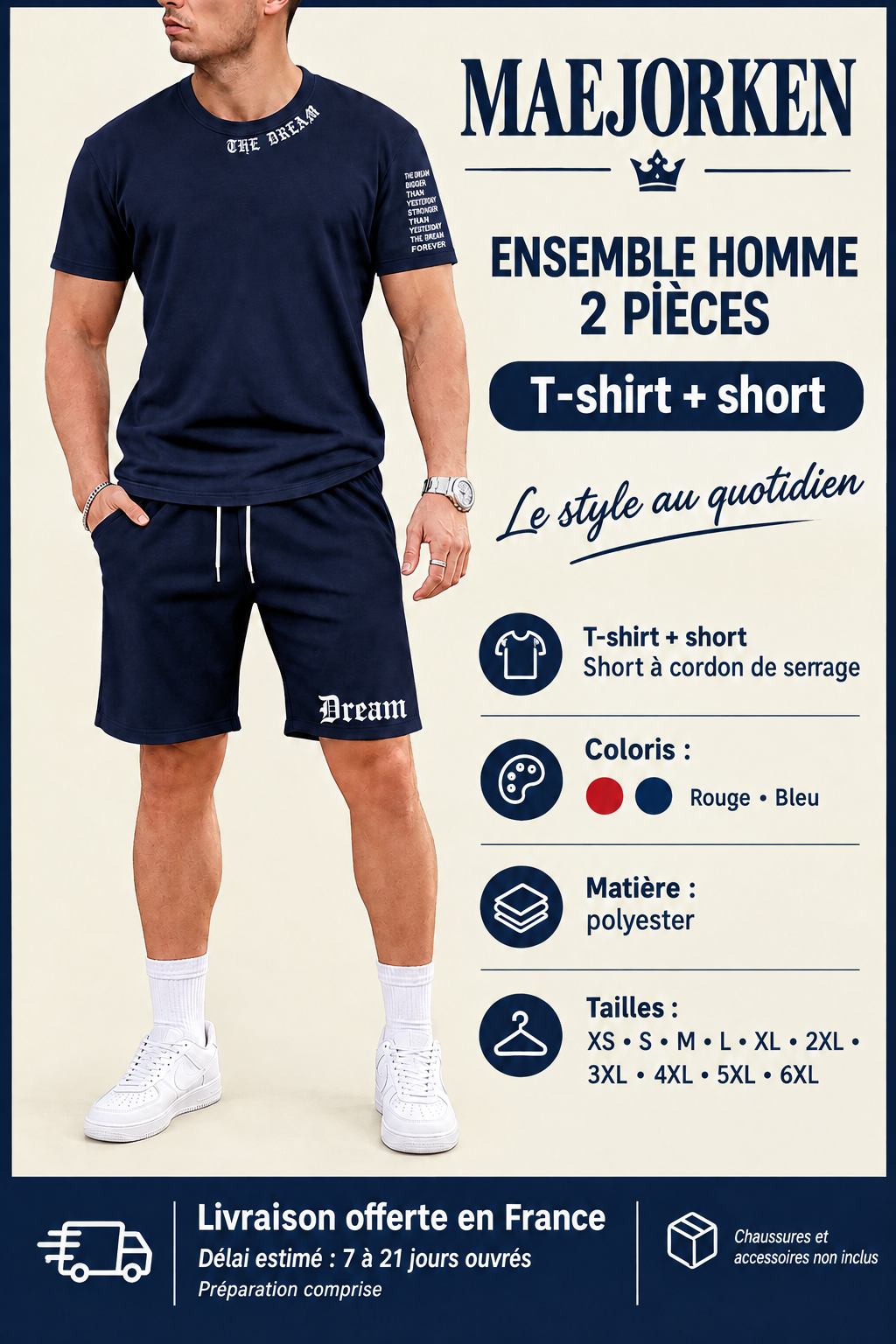 Ensemble homme t-shirt et short bleu, polyester, coloris rouge ou bleu, tailles XS à 6XL. Livraison offerte en France, délai estimé 7 à 21 jours ouvrés préparation comprise. Chaussures et accessoires non inclus.