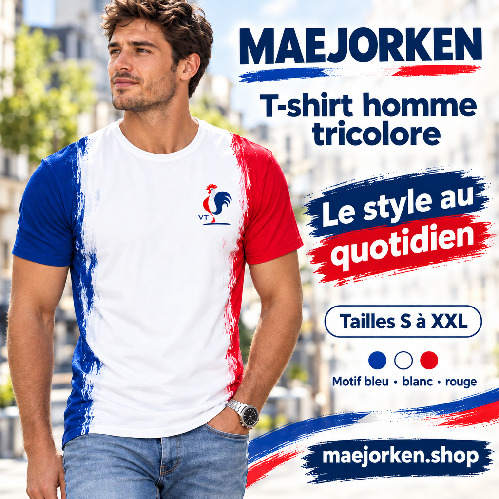 Affiche MAEJORKEN T-shirt homme motif bleu blanc rouge porté par un mannequin, tailles S à XXL, sans prix ni promotion.
