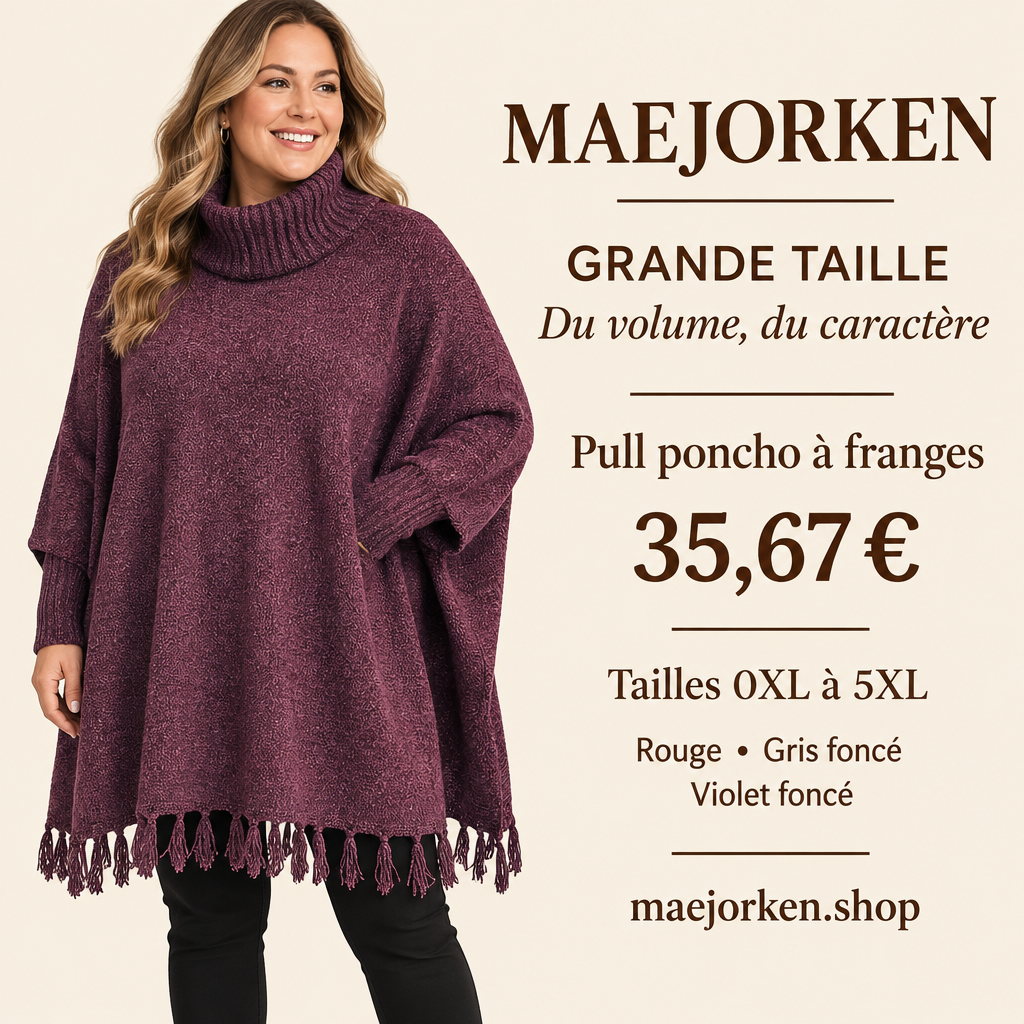 Mannequin portant le pull poncho violet foncé à franges et col haut MAEJORKEN, 35,67 €, tailles 0XL à 5XL, trois coloris.