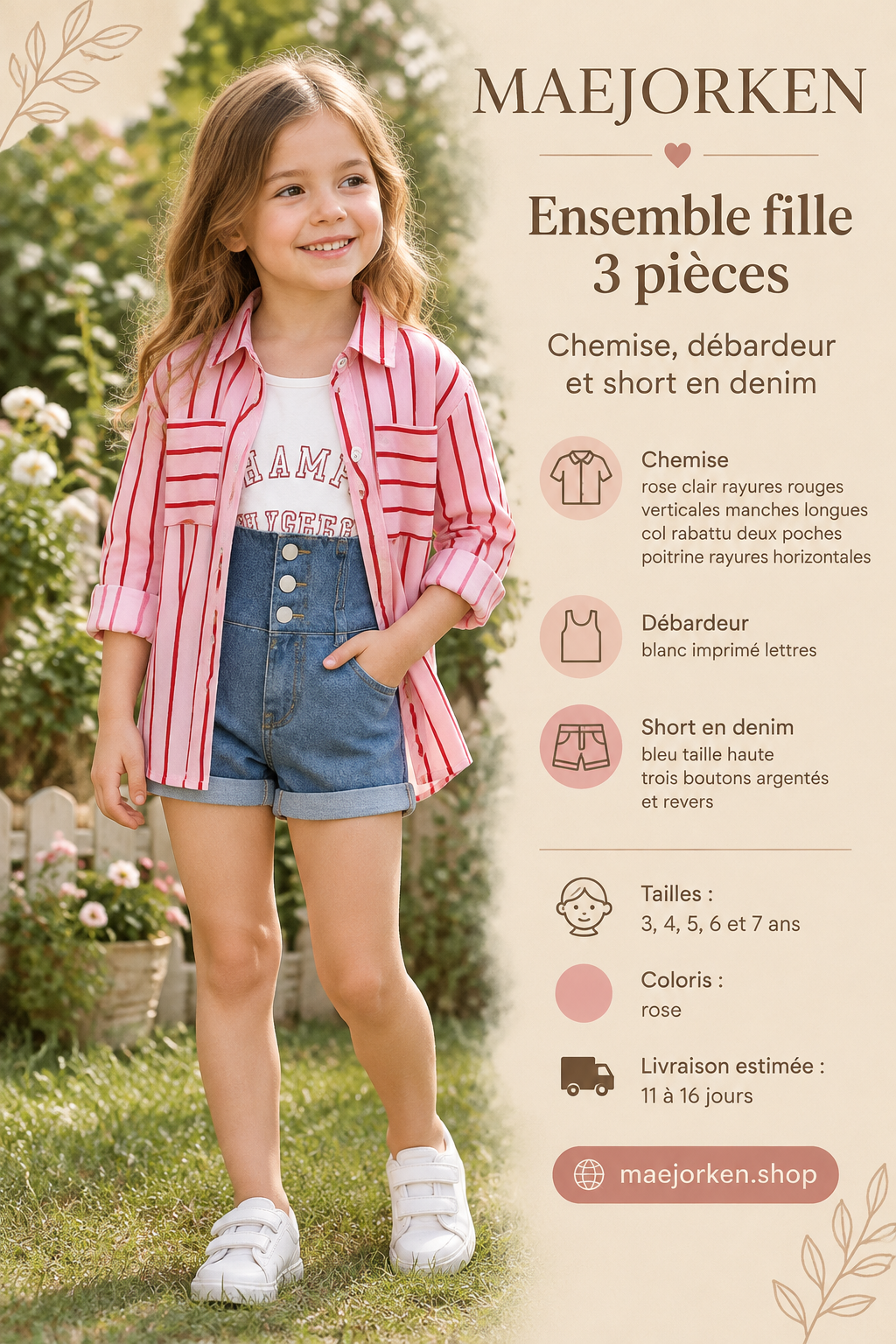 Ensemble fille trois pièces rose : chemise rayée, débardeur blanc et short en denim bleu, porté par une enfant.