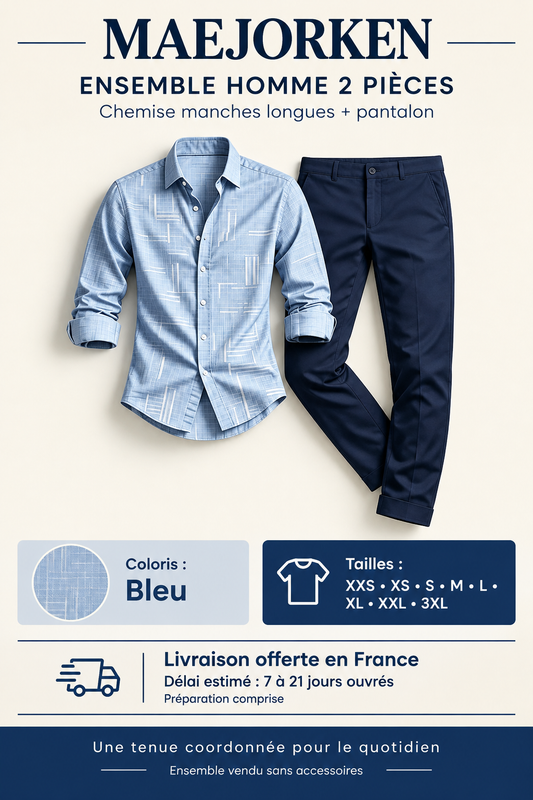 Ensemble homme chemise manches longues et pantalon bleu, tailles XXS à 3XL, livraison offerte en France, délai estimé de 7 à 21 jours ouvrés, préparation comprise.