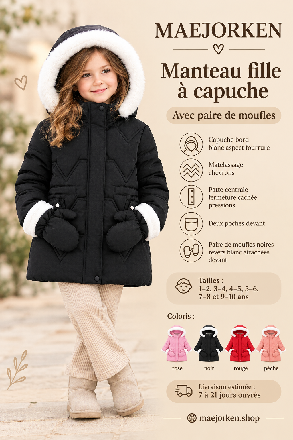 Manteau fille noir matelassé à capuche bord blanc et moufles assorties porté par une enfant, six tailles de 1 à 10 ans.