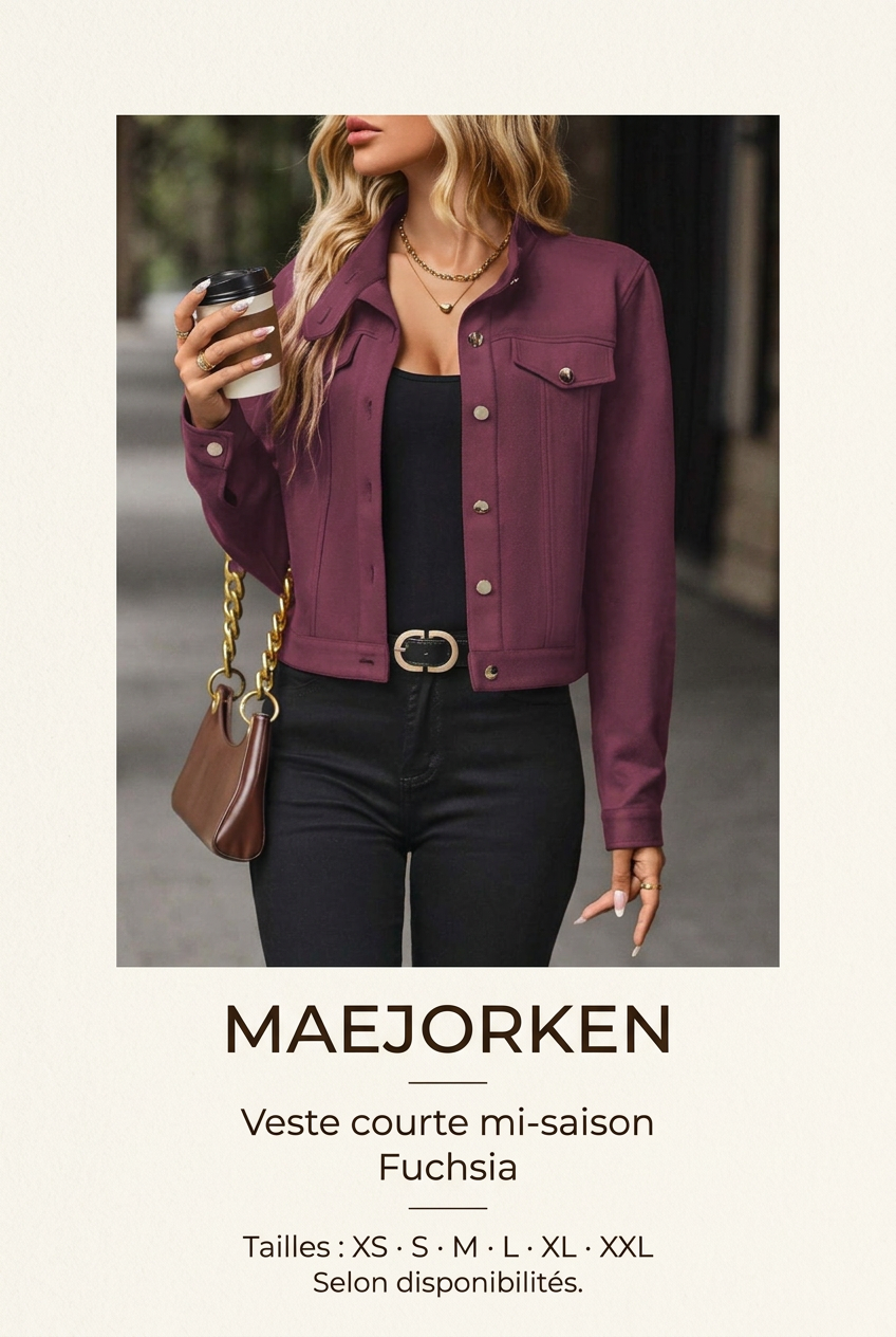 Affiche MAEJORKEN veste fuchsia avec mannequin, tailles XS à XXL