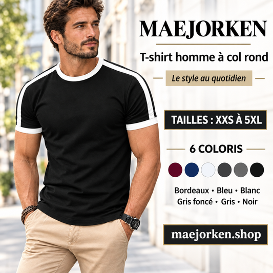 Affiche MAEJORKEN T-shirt homme à col rond avec mannequin, six coloris et tailles XXS à 5XL, sans prix ni promotion.