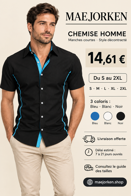 Affiche avec mannequin portant la chemise noire à détails bleus, prix 14,61 €, tailles S au 2XL et trois coloris