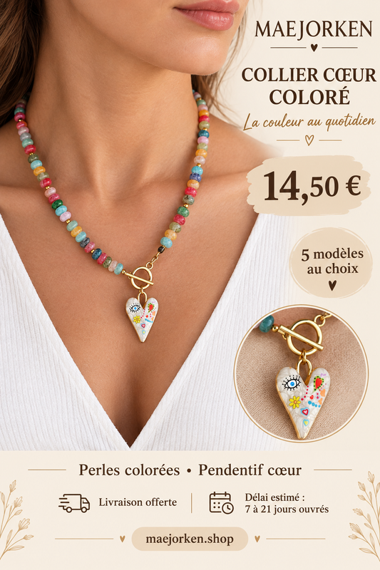 Collier à perles multicolores et pendentif cœur porté, 14,50 euros, cinq modèles et livraison estimée 7 à 21 jours ouvrés