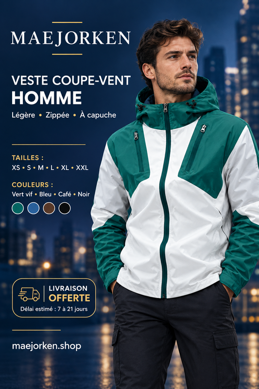 Mannequin portant la veste coupe-vent verte et blanche, tailles XS à XXL, coloris vert vif, bleu, café et noir, livraison offerte, délai estimé de 7 à 21 jours.