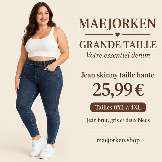 Mannequin en jean skinny taille haute MAEJORKEN grande taille, 25,99 €, tailles 0XL à 4XL, jean brut, gris et deux bleus.