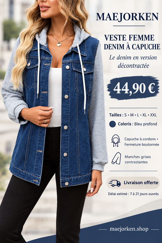 Affiche MAEJORKEN : veste femme denim à capuche à 44,90 €, tailles S à XXL, coloris bleu profond.